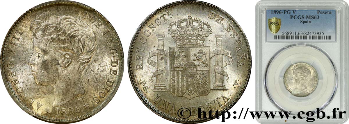 ESPAÑA 1 Peseta Alphonse XIII 3e type de buste 1896 Madrid SC63 PCGS