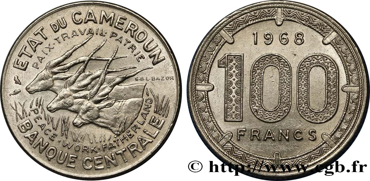 KAMERUN 100 Francs Etat du Cameroun, antilopes 1968 Paris VZ 