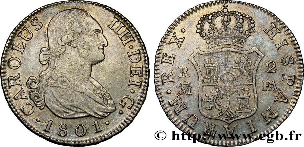 SPAIN - KINGDOM OF SPAIN - CHARLES IV 2 Reales 1801 Madrid AU 
