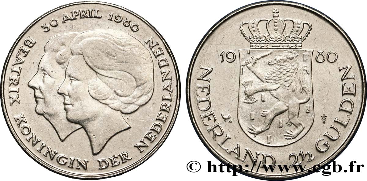 PAYS-BAS 2 1/2 Gulden couronnement de la reine Beatrix, buste de Juliana au second plan 1980 Utrecht SUP 