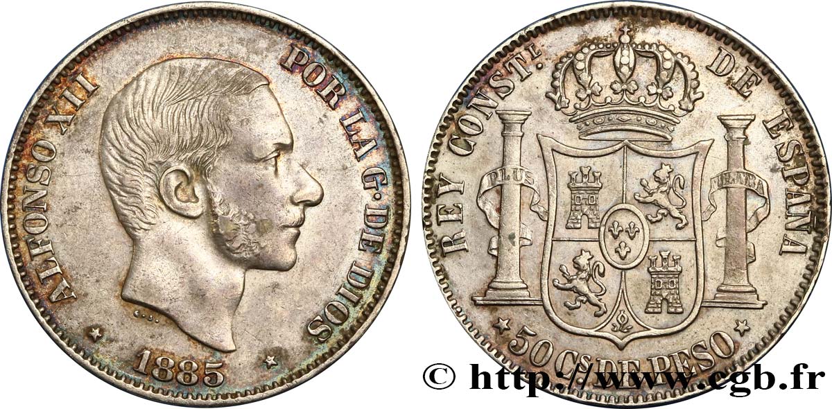 PHILIPPINES 50 Centimos de Peso Alphonse XII 1885 Manille TTB+/SUP 