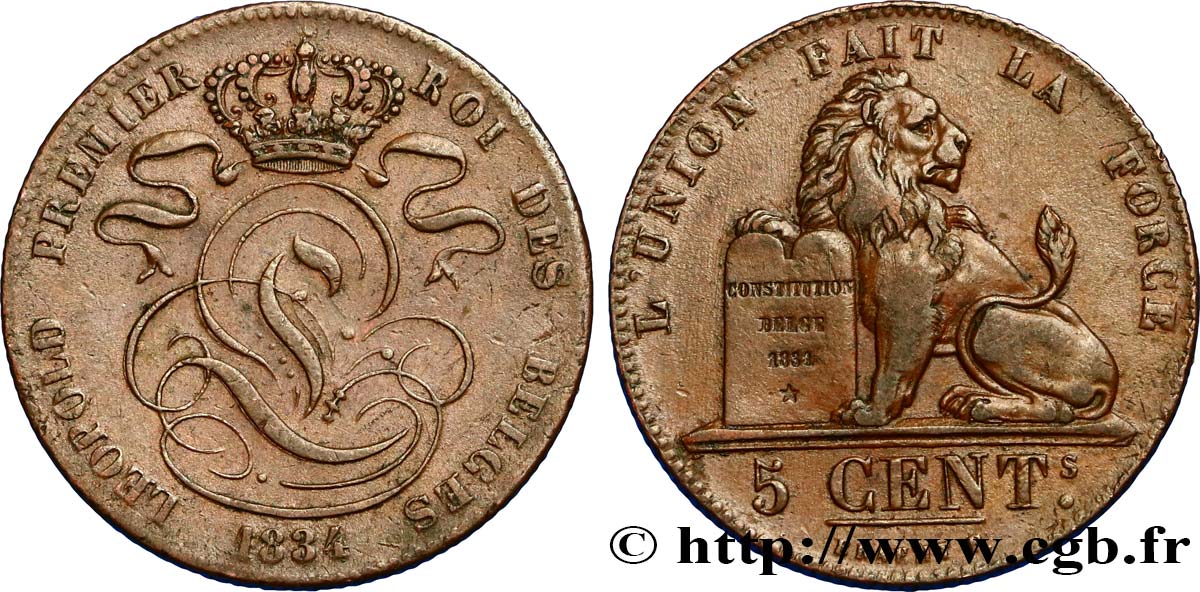 BELGIUM 5 Centimes Léopold Ier 1834  XF/AU 