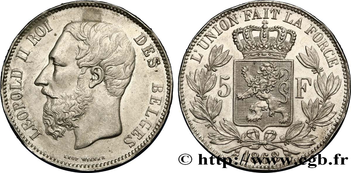 BELGIEN 5 Francs Léopold II 1868  VZ 