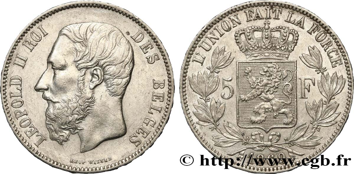 BÉLGICA 5 Francs Léopold II 1869  EBC 