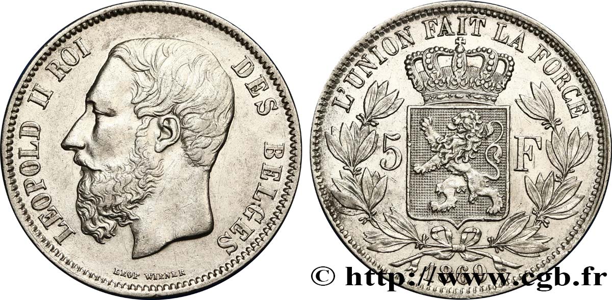 BELGIEN 5 Francs Léopold II 1869  VZ 