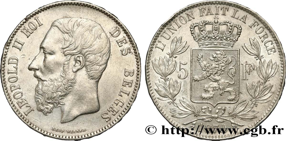 BELGIQUE 5 Francs Léopold II 1870  TTB+ 