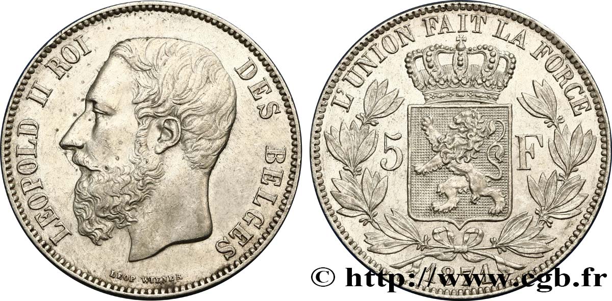 BELGIEN 5 Francs Léopold II 1871  VZ 