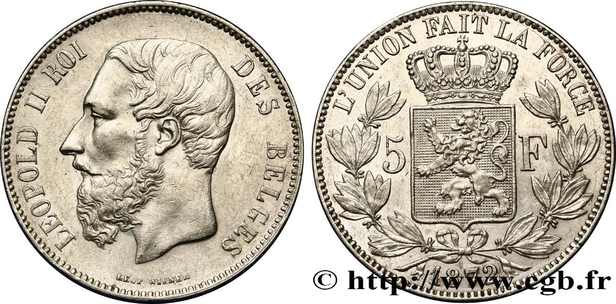 BELGIQUE 5 Francs Léopold II tranche A 1872  SUP 