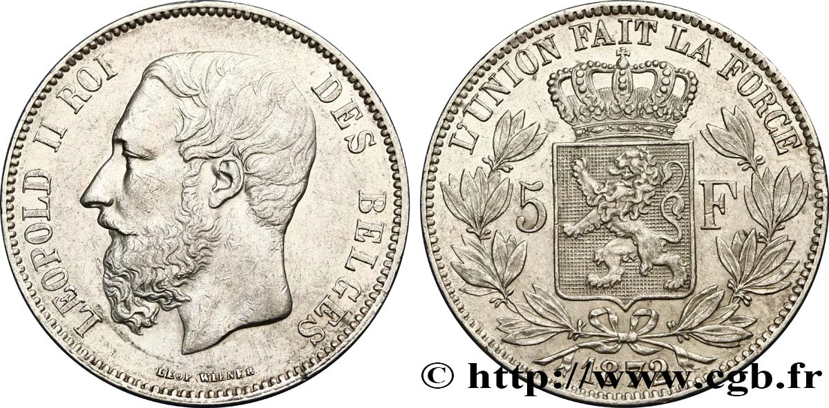 BELGIUM 5 Francs Léopold II 1872  AU 