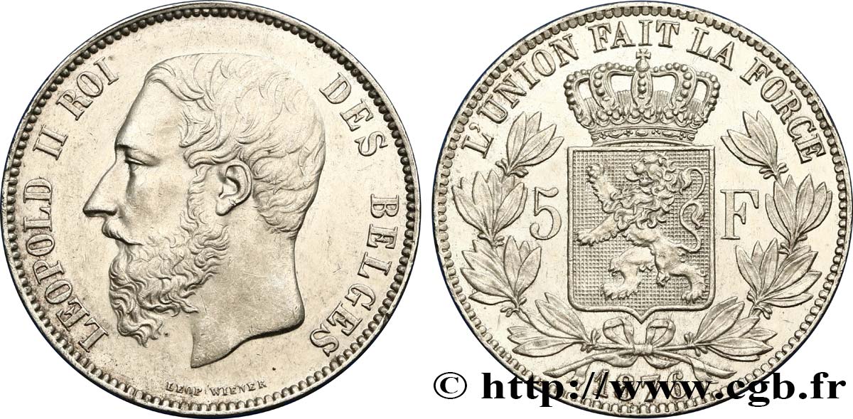 BELGIEN 5 Francs Léopold II 1876  VZ 