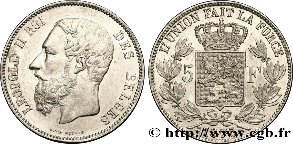 BELGIO 5 Francs Léopold II 1875  SPL 