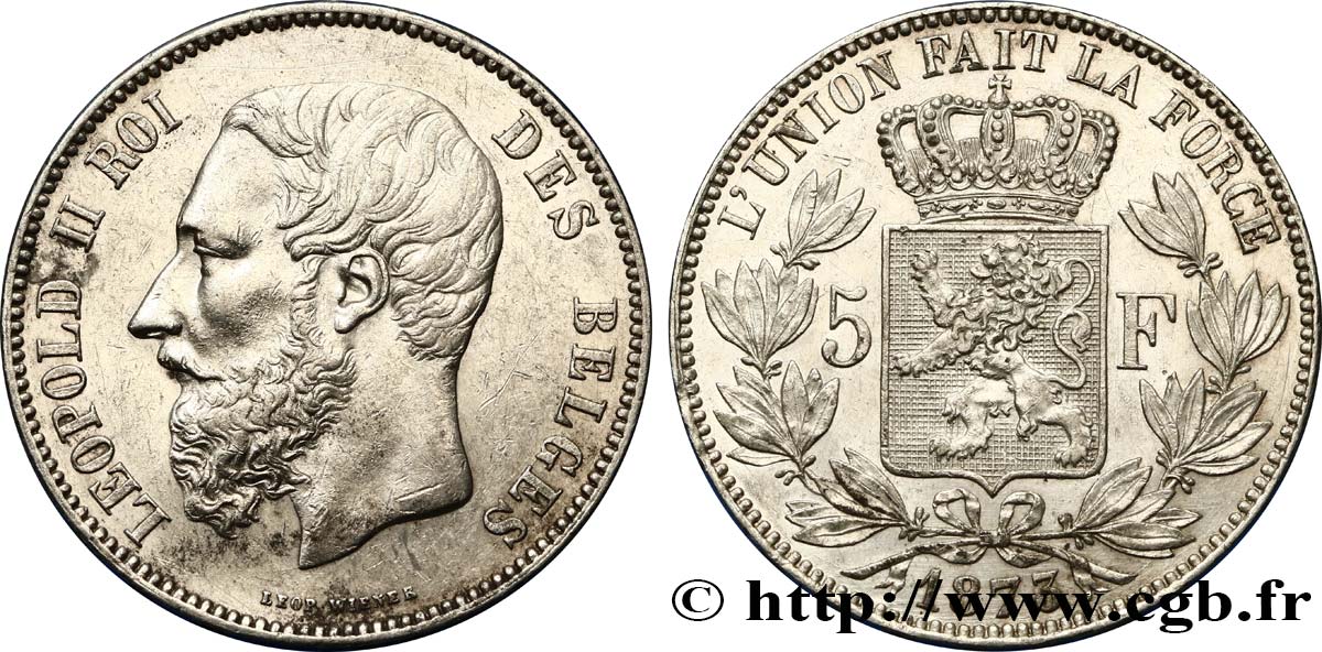 BELGIQUE 5 Francs Léopold II 1873  SUP 