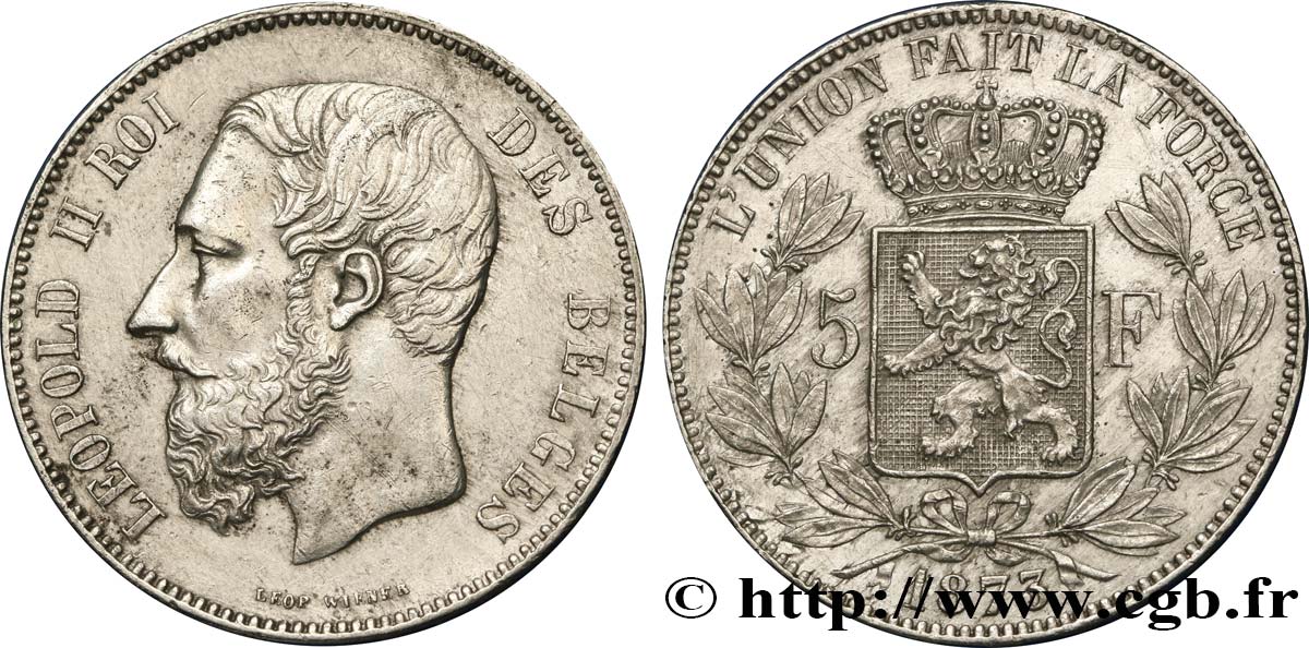 BELGIEN 5 Francs Léopold II 1873  VZ 