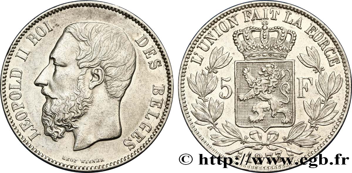 BELGIQUE 5 Francs Léopold II 1873  SUP 