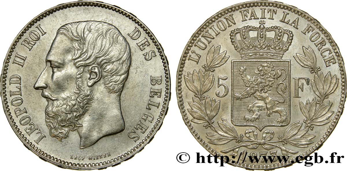 BELGIUM 5 Francs Léopold II 1873  AU 