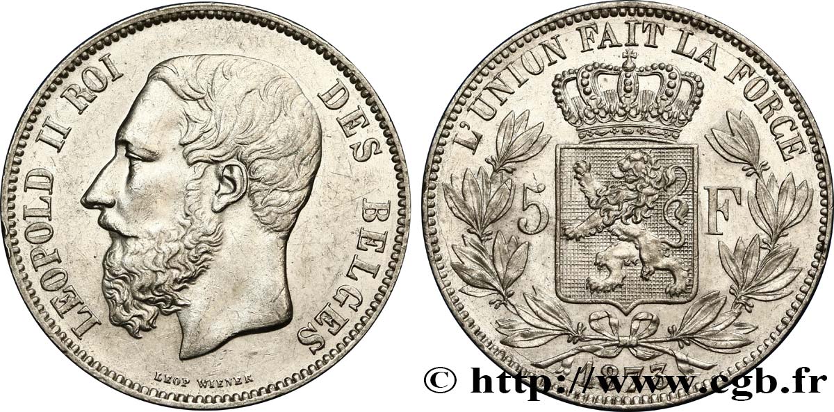 BELGIEN 5 Francs Léopold II 1873  VZ 