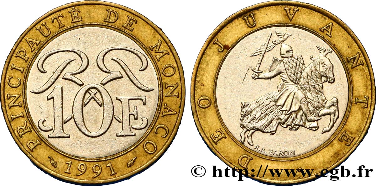 MONACO 10 Francs monogramme de Rainier III / chevalier en armes 1991 Paris SUP 