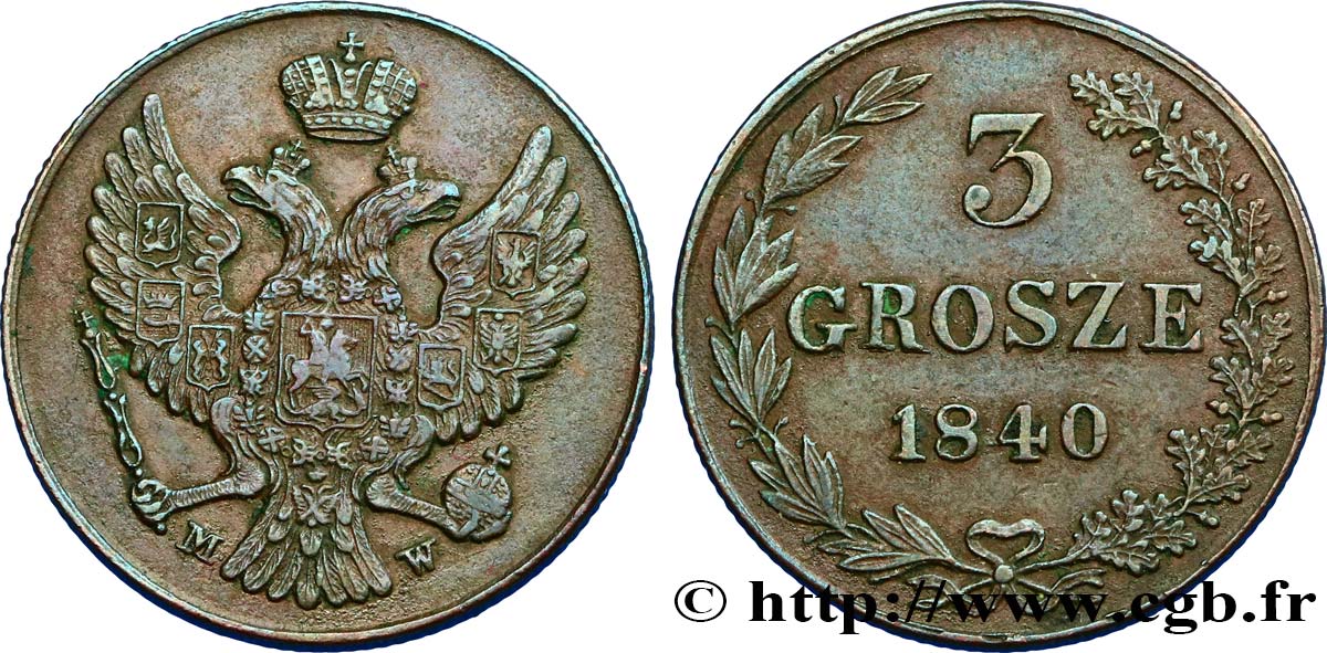 POLOGNE 3 Grosze administration russe aigle bicéphale 1840 Varsovie TTB+ 
