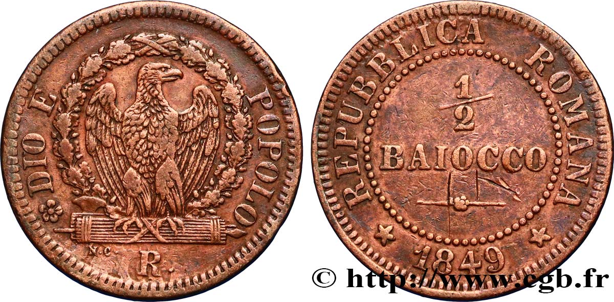 ITALY - ROMAN REPUBLIC 1/2 Baiocco République Romaine aigle sur faisceaux 1849 Rome - R XF 