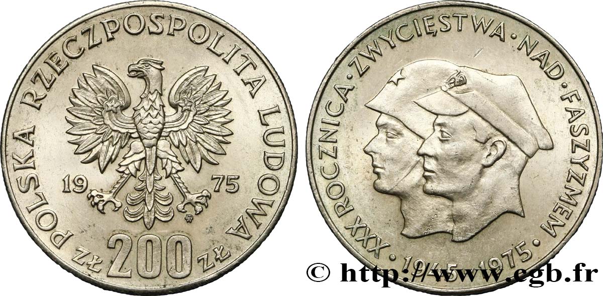 POLAND 200 Zlotych aigle 30e anniversaire de la victoire sur le fascisme 1975 Varsovie AU 
