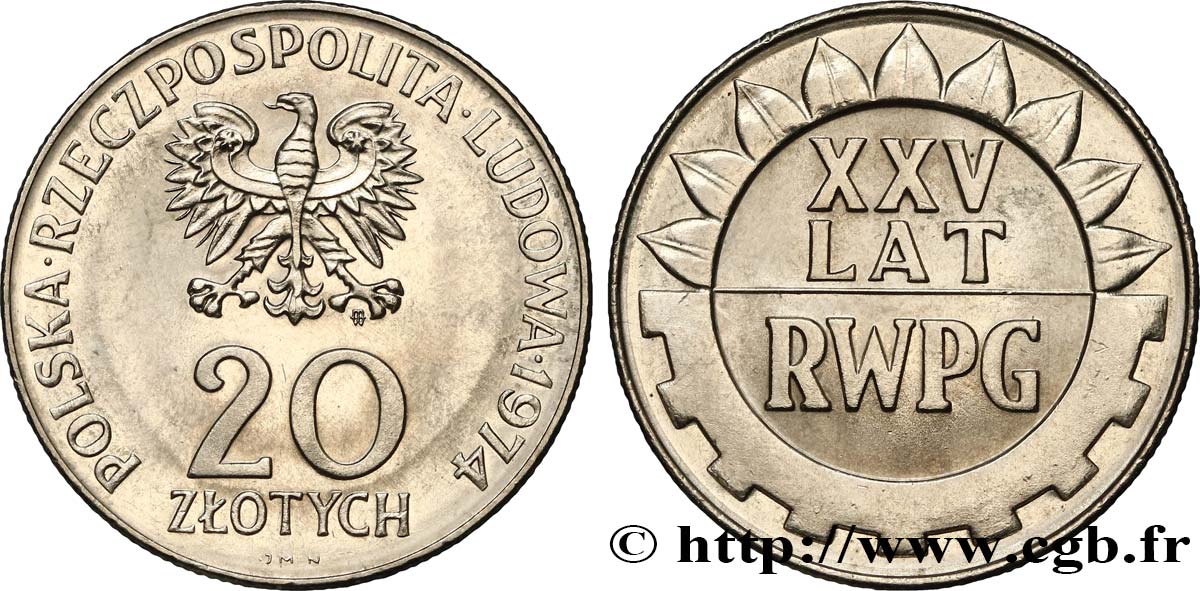 POLAND 20 Zlotych aigle / 25e anniversaire du Comecon 1974 Varsovie AU 