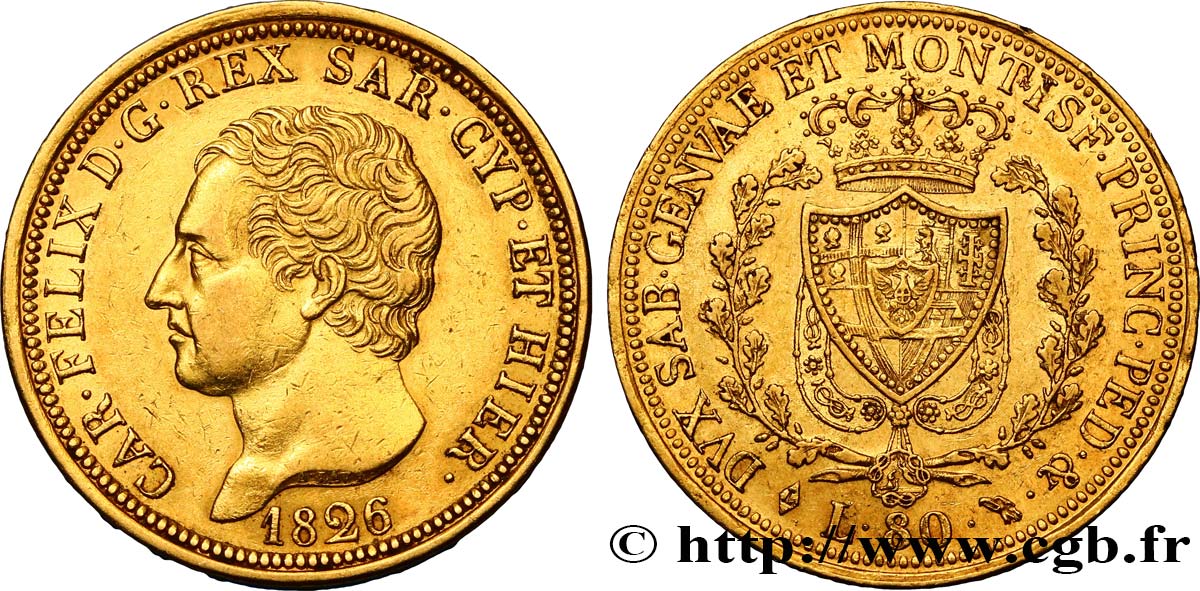 ITALY - KINGDOM OF SARDINIA - CHARLES-FELIX 80 Lire 1826 Turin AU 