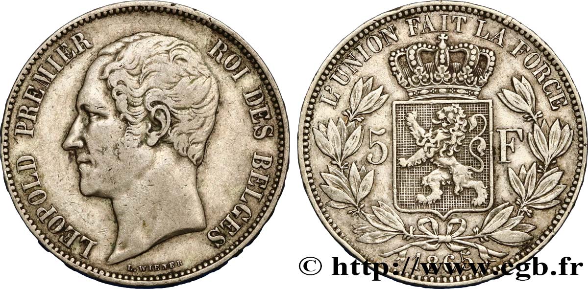 BELGIO 5 Francs Léopold Ier tête nue 1865  BB 