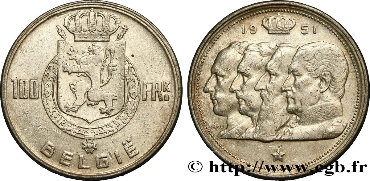 BELGIUM 100 Francs Quatre rois de Belgique, légende flamande 1951  XF 