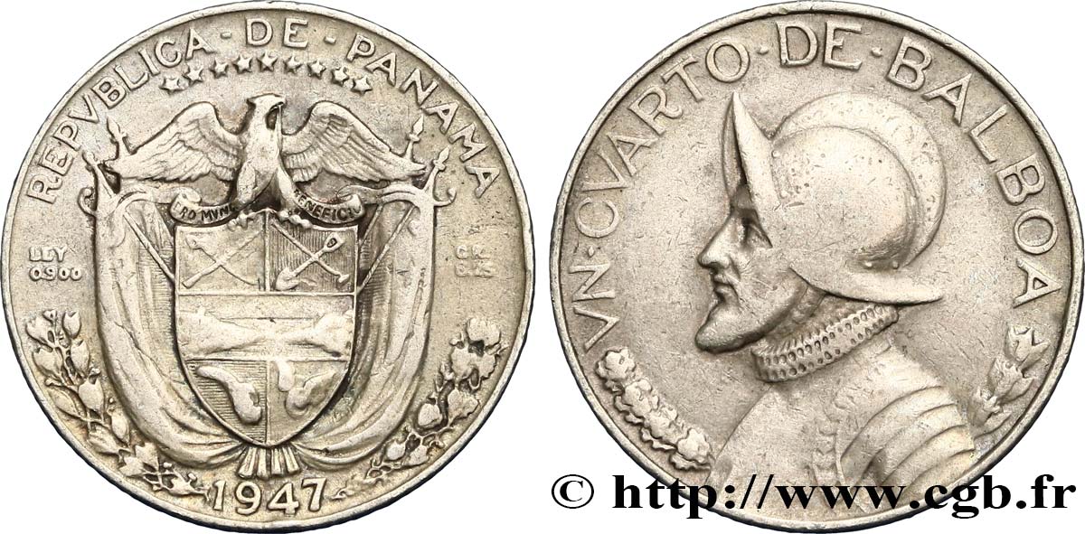 PANAMA 1/4 Balboa Vasco Nunez de Balboa 1947 Philadelphie TTB 