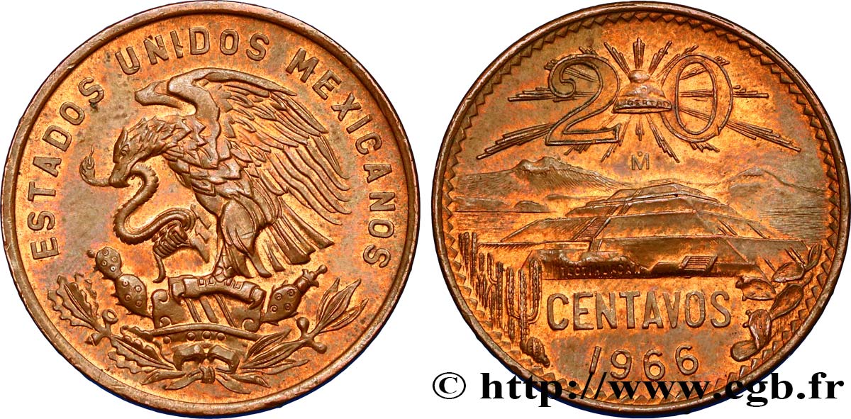 MESSICO 20 Centavos aigle / pyramide de Teotihuaca 1966 Mexico SPL 