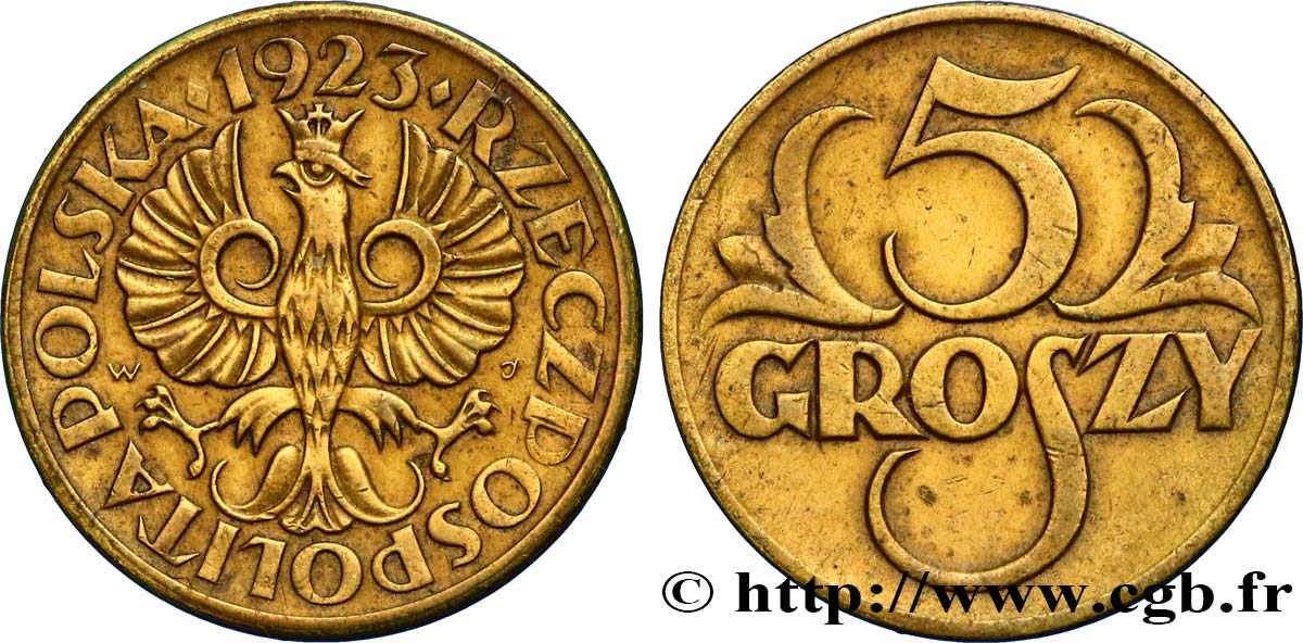 POLOGNE 5 Groszy aigle 1923  TTB+ 