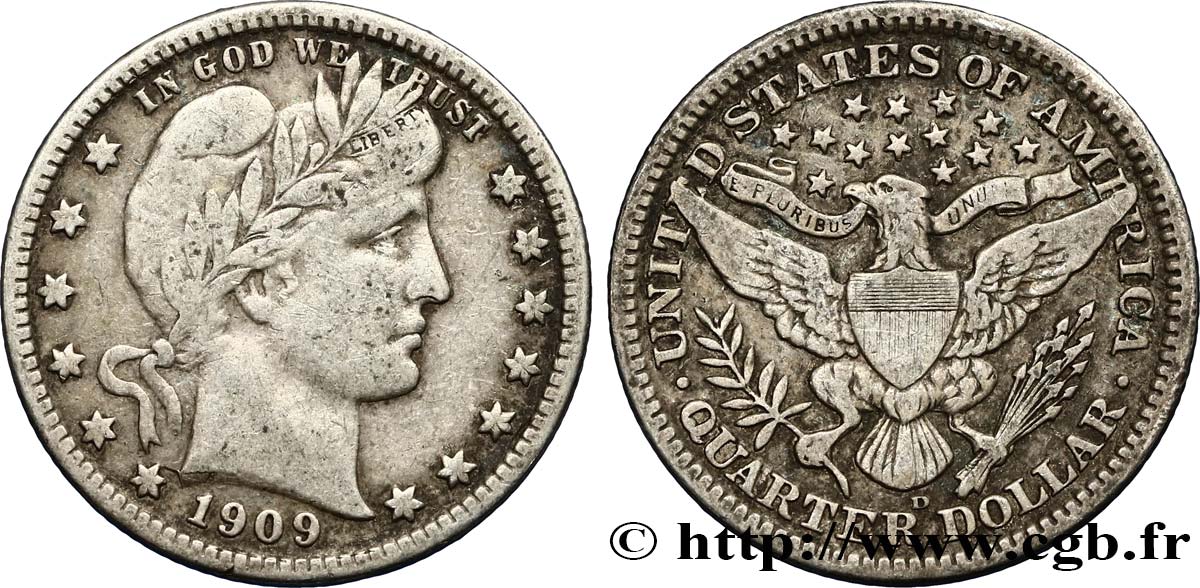 ÉTATS-UNIS D&nbsp;AMÉRIQUE 1/4 Dollar Barber 1909 Denver TTB 