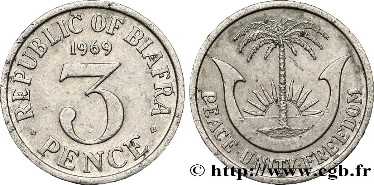 BIAFRA 3 Pence aigle / palmier 1969  EBC 