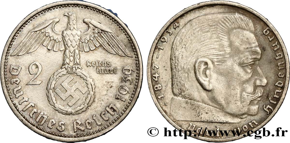 ALLEMAGNE 2 Reichsmark aigle surmontant une swastika / Maréchal Paul von Hindenburg 1939 Berlin TTB+ 