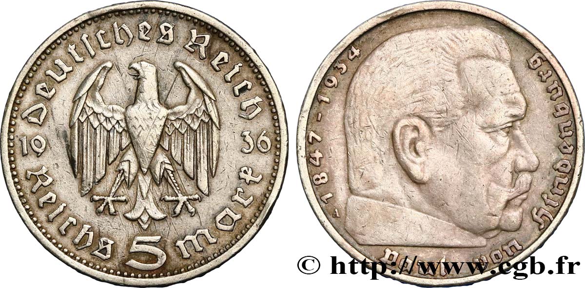 ALLEMAGNE 5 Reichsmark Aigle / Maréchal Paul von Hindenburg 1936 Berlin TTB 