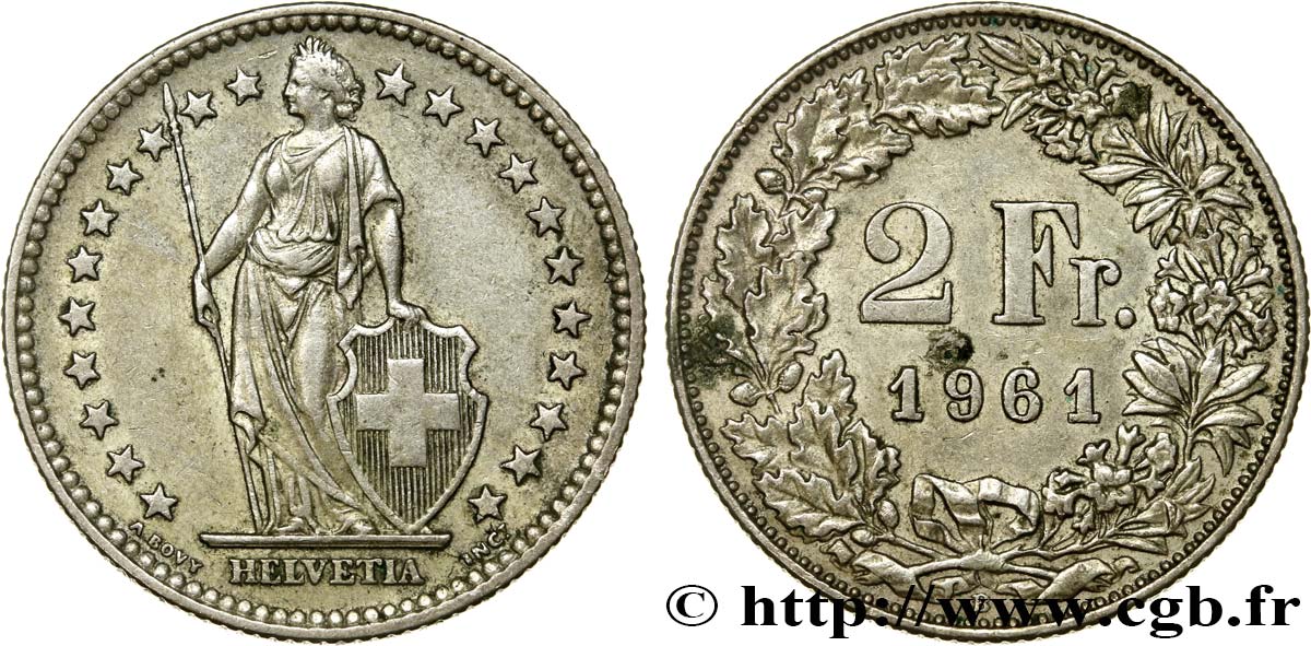 SWITZERLAND 2 Francs Helvetia 1961 Berne - B AU 