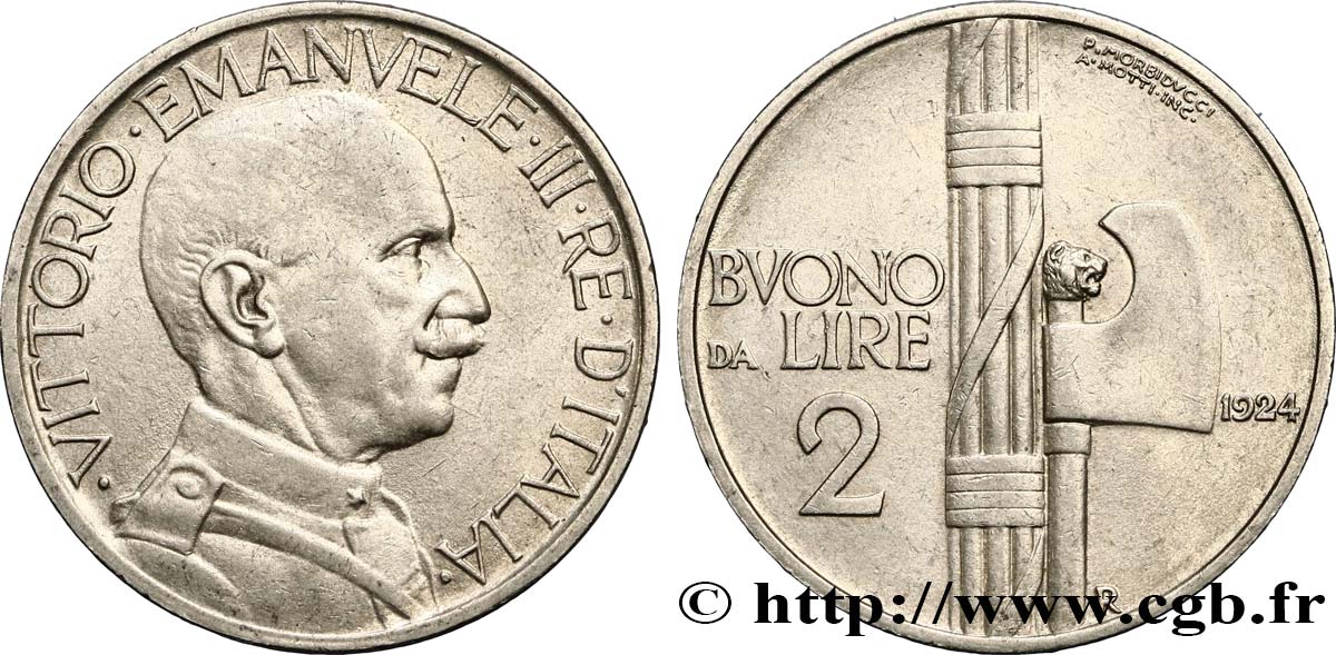 ITALIA Bon pour 2 Lire (Buono da Lire 2) Victor Emmanuel III / faisceau de licteur 1924 Rome - R SPL 