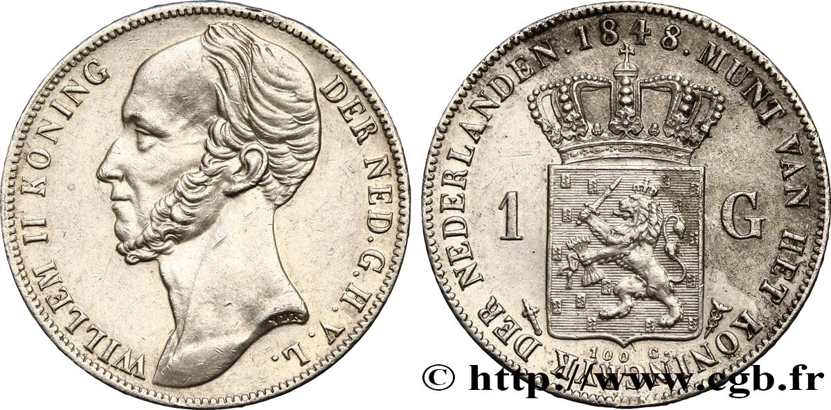 NETHERLANDS 1 Gulden Guillaume II 1848 Utrecht AU 