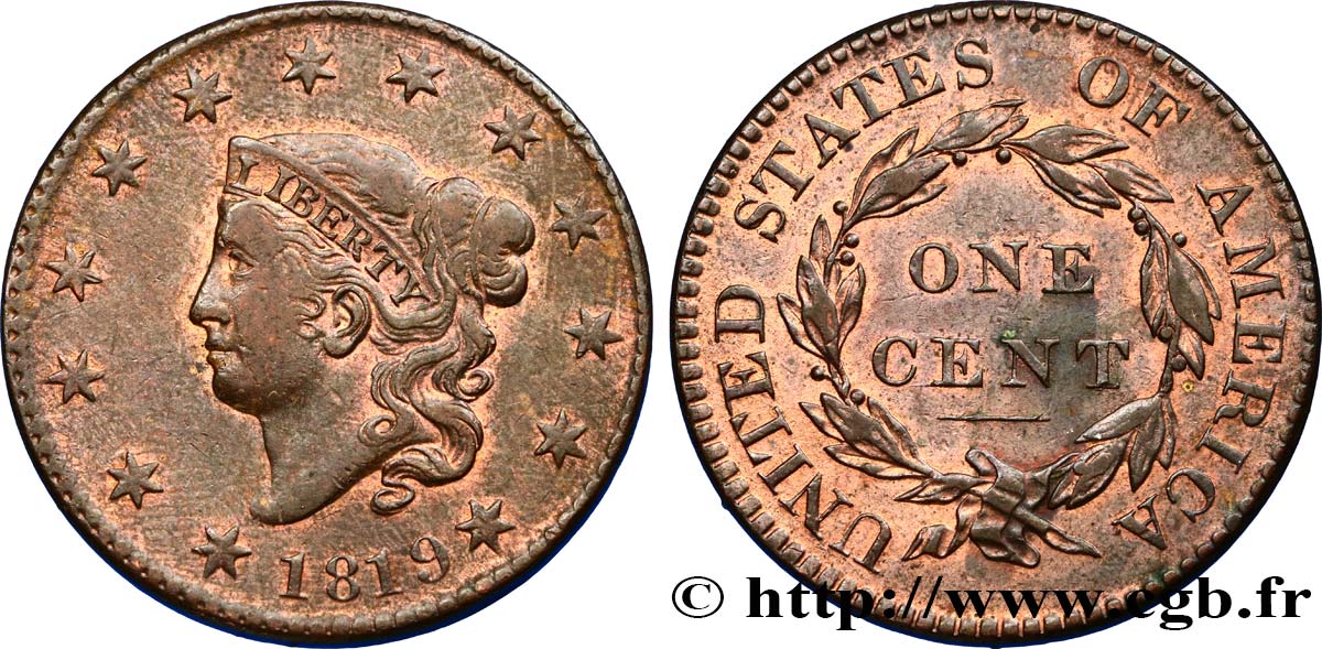 ÉTATS-UNIS D AMÉRIQUE 1 Cent “Matron Head” variété à petite date 1819 Philadelphie TTB+ 