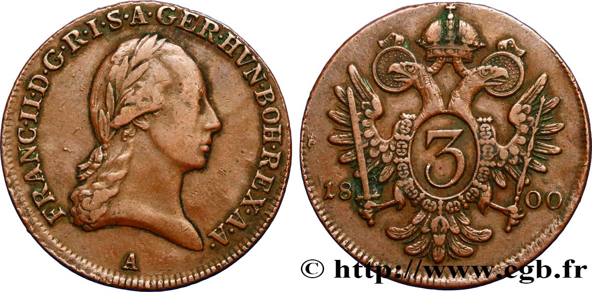 AUSTRIA 3 Kreuzer François II / aigle bicéphale 1800 Vienne BB 