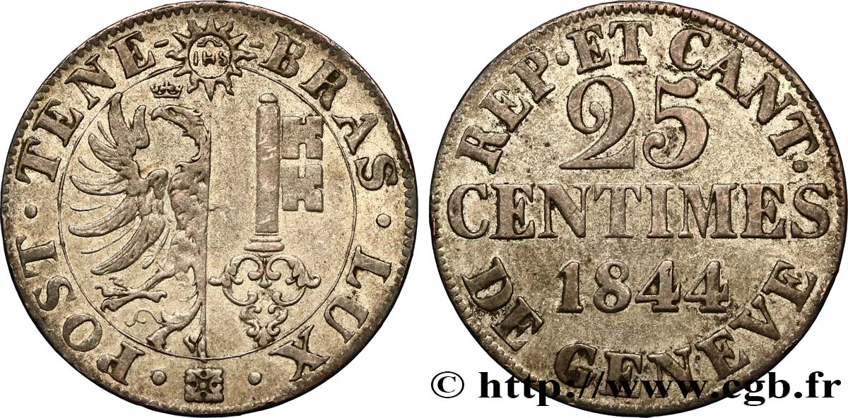 SWITZERLAND - REPUBLIC OF GENEVA 25 Centimes - Canton de Genève 1844  XF 