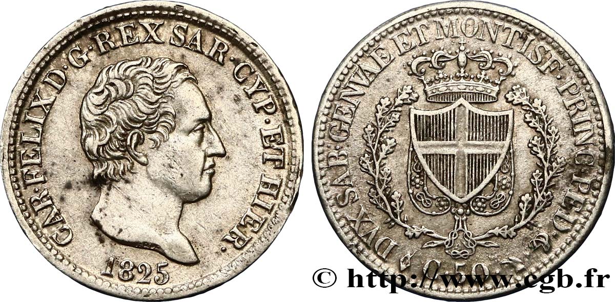 ITALY - KINGDOM OF SARDINIA 50 Centesimi Charles-Félix 1825 Turin VF 