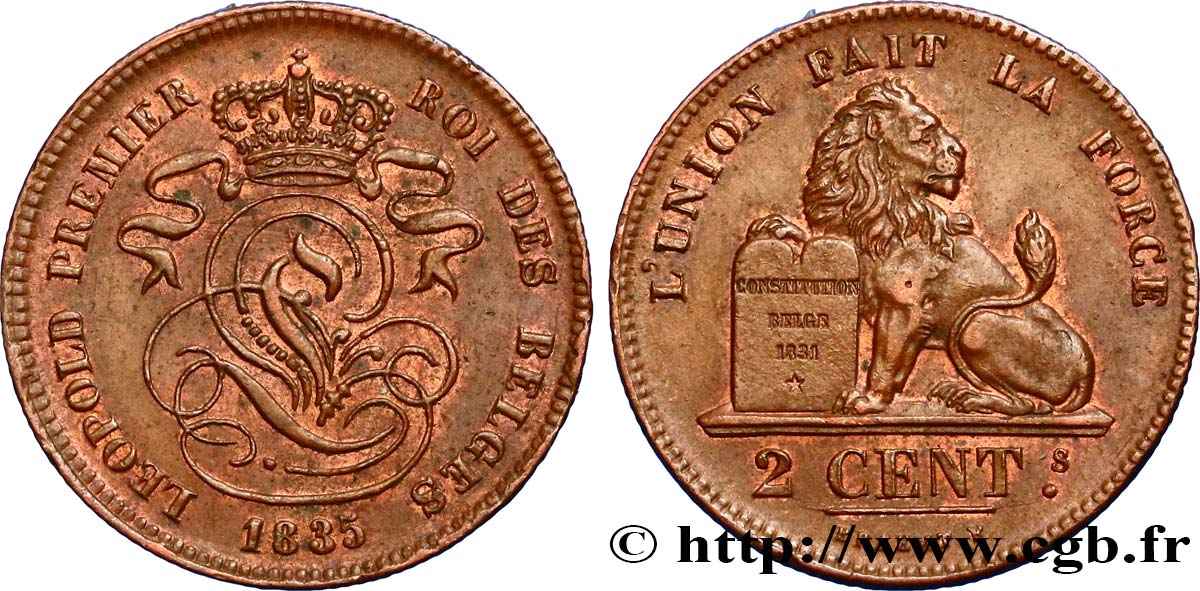 BELGIUM 2 Centimes lion monogramme de Léopold Ier 1835  AU 