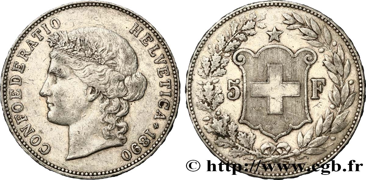 SVIZZERA  5 Francs Helvetia 1890 Berne q.BB 