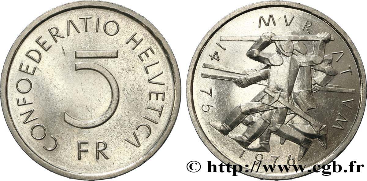 SCHWEIZ 5 Francs 500e anniversaire de la bataille de Murten 1976 Berne VZ 