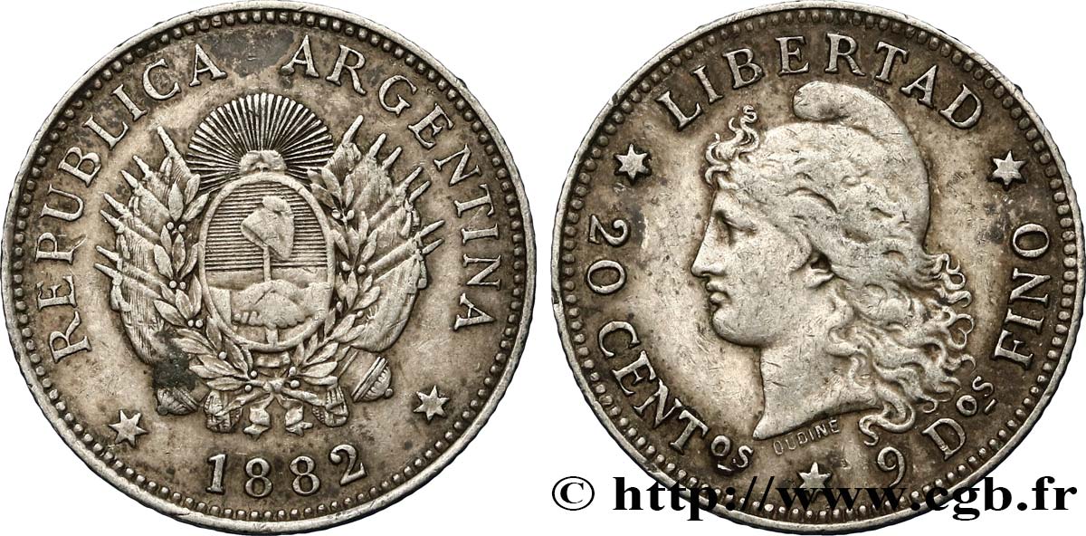 ARGENTINA 20 Centavos 1882  XF 