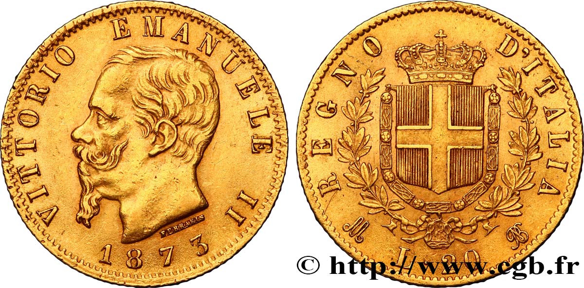 ITALY - KINGDOM OF ITALY - VICTOR-EMMANUEL II 20 Lire 1873 Milan AU 