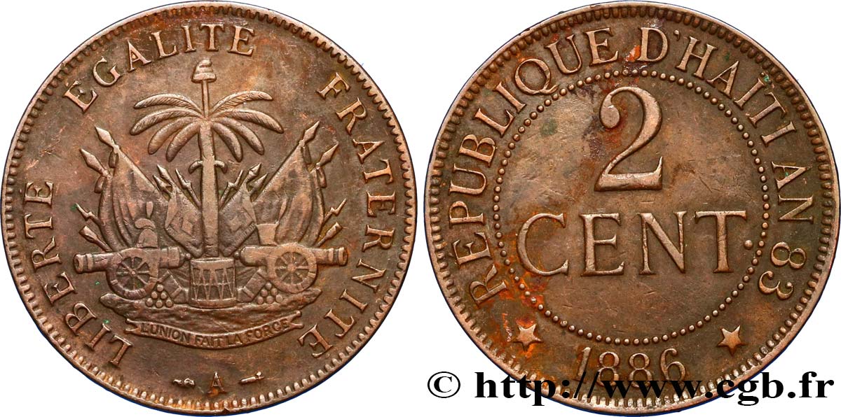 HAITI 2 Centimes emblème 1886 Paris XF 