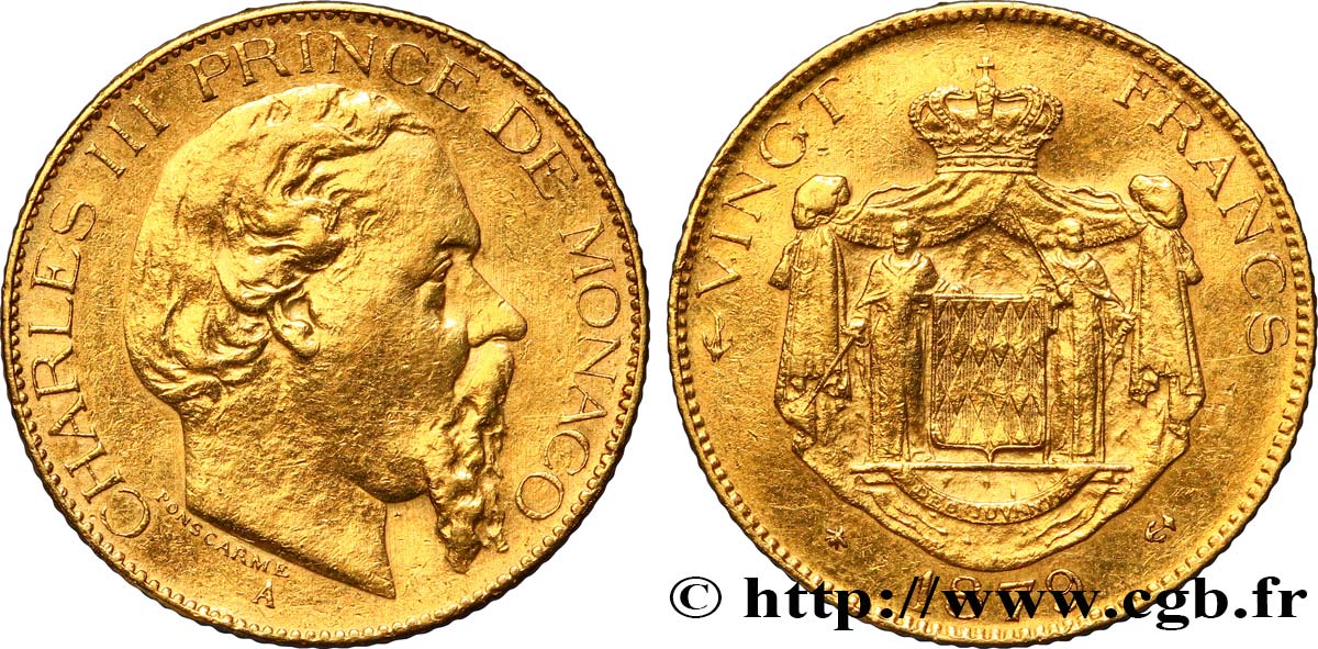 MONACO 20 Francs or Charles III 1879 Paris VF/XF 