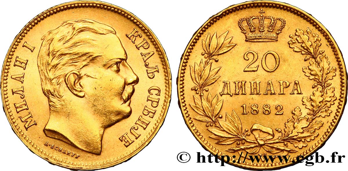 SERBIA 20 Dinara Milan IV Obrenovic 1882 Vienne SPL 